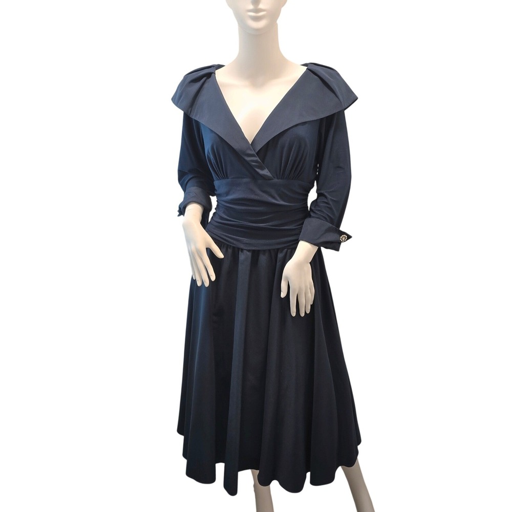Eliza J Navy Fit Flare Midi Dress Ruched Waist 3/4 Sleeve Wedding Guest Women 14